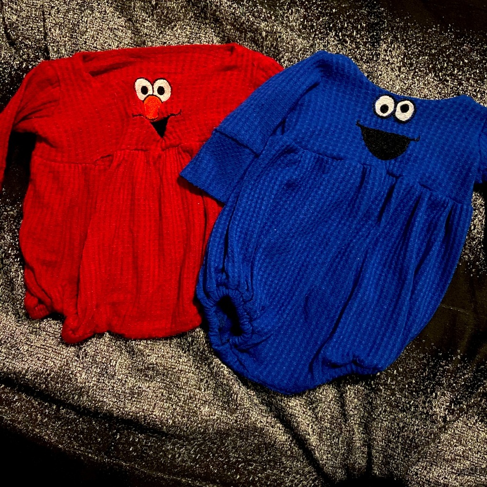 Cookie Monster and Elmo rompers